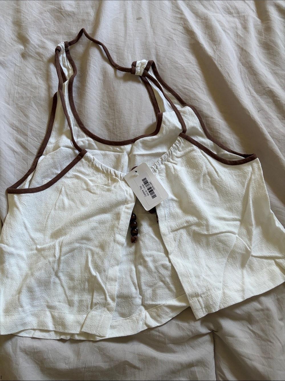 ILLA ILLA Cream Wide-Leg Linen Jumpsuit with Brown Trim - Picture 4 of 6